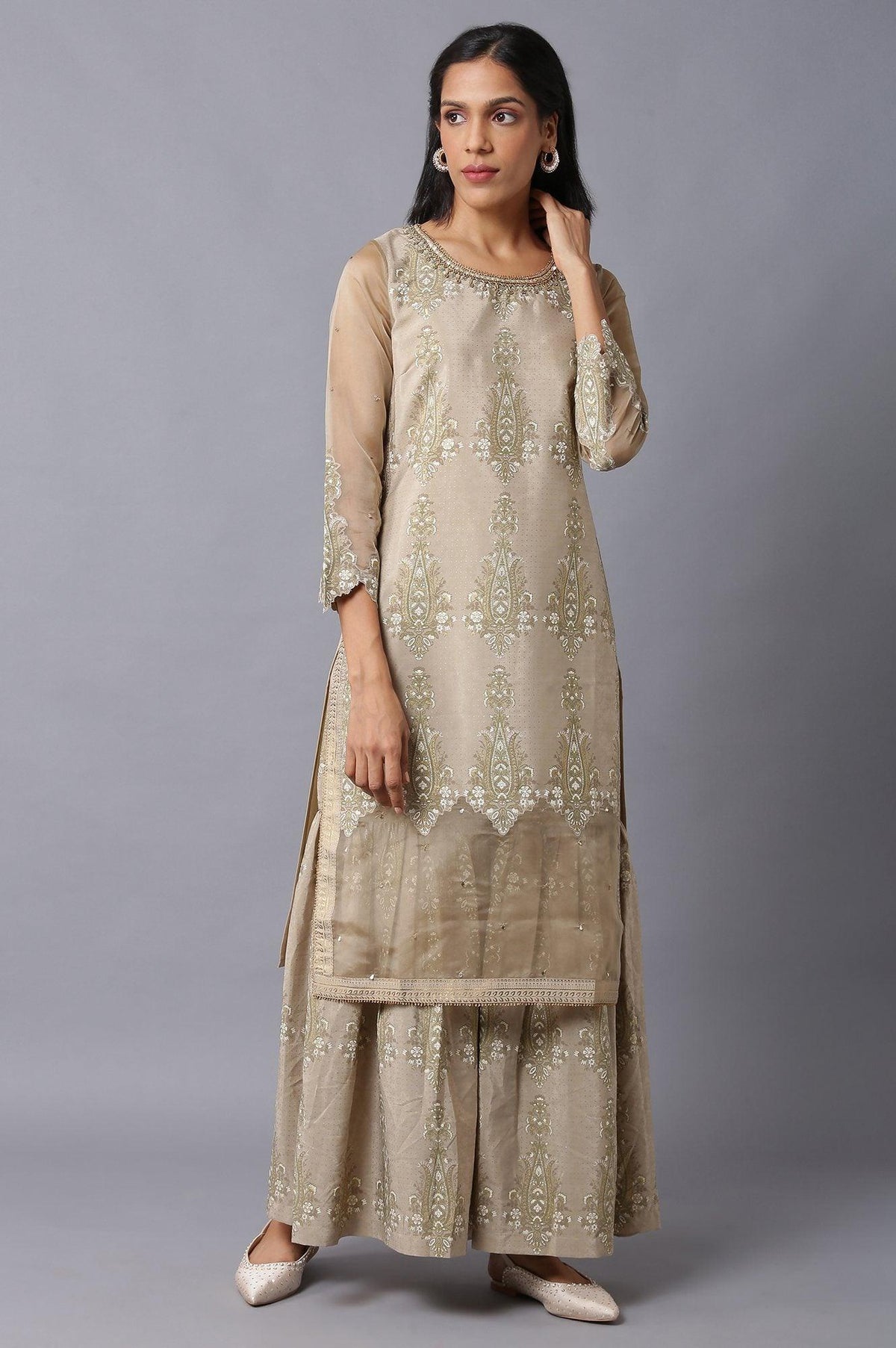Gold Beige Floral Printed kurta With Embroidery - 6