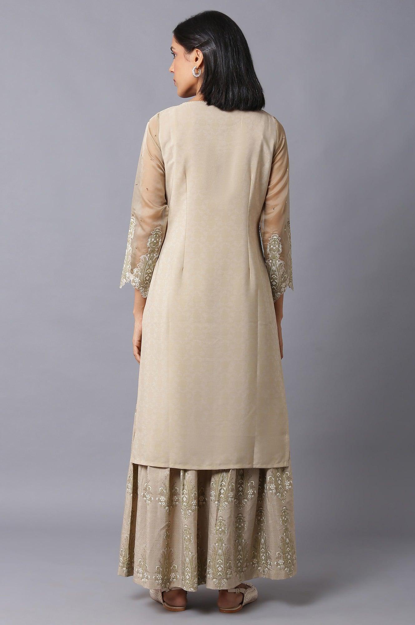 Gold Beige Floral Printed kurta With Embroidery - wforwoman