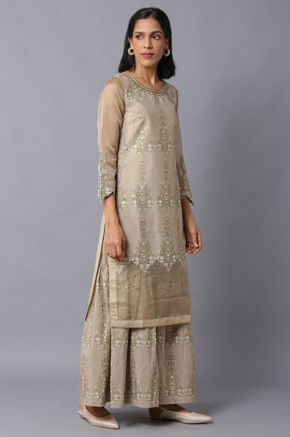 Gold Beige Floral Printed kurta With Embroidery - wforwoman