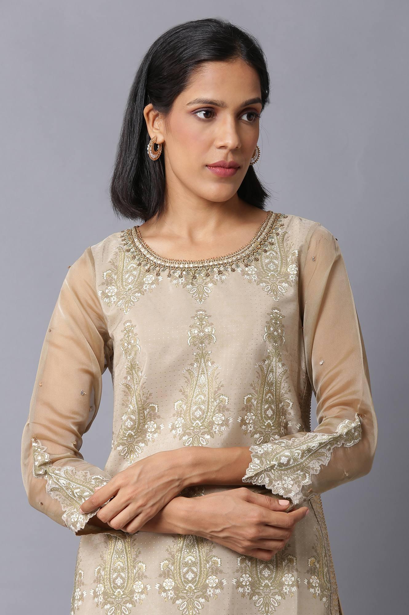 Gold Beige Floral Printed kurta With Embroidery - wforwoman
