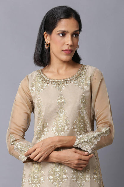 Gold Beige Floral Printed kurta With Embroidery - wforwoman