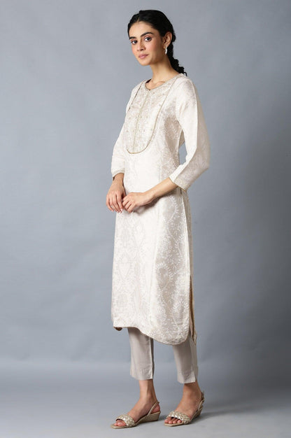 Light Pink Jacquard kurta In Round Neck - wforwoman