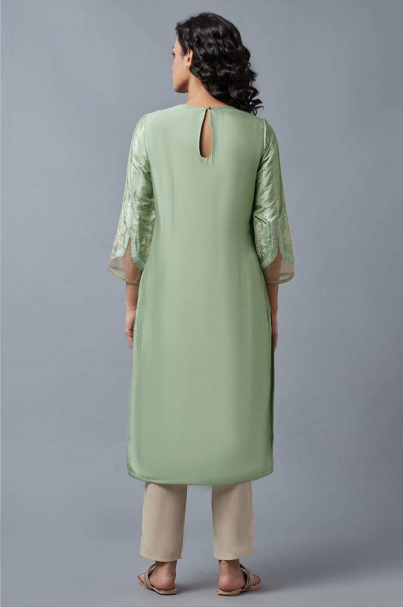 Light Green And Pink Festive kurta With Embroidery - wforwoman