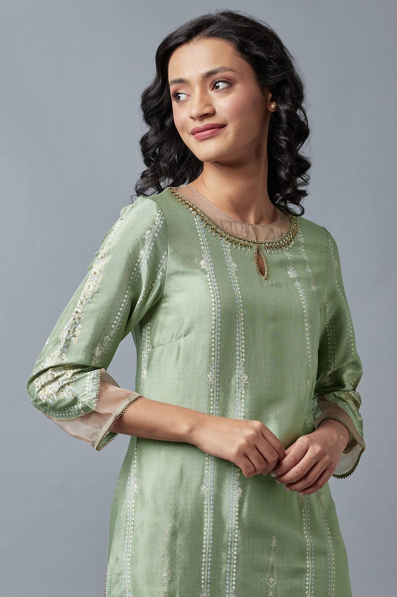 Light Green And Pink Festive kurta With Embroidery - wforwoman