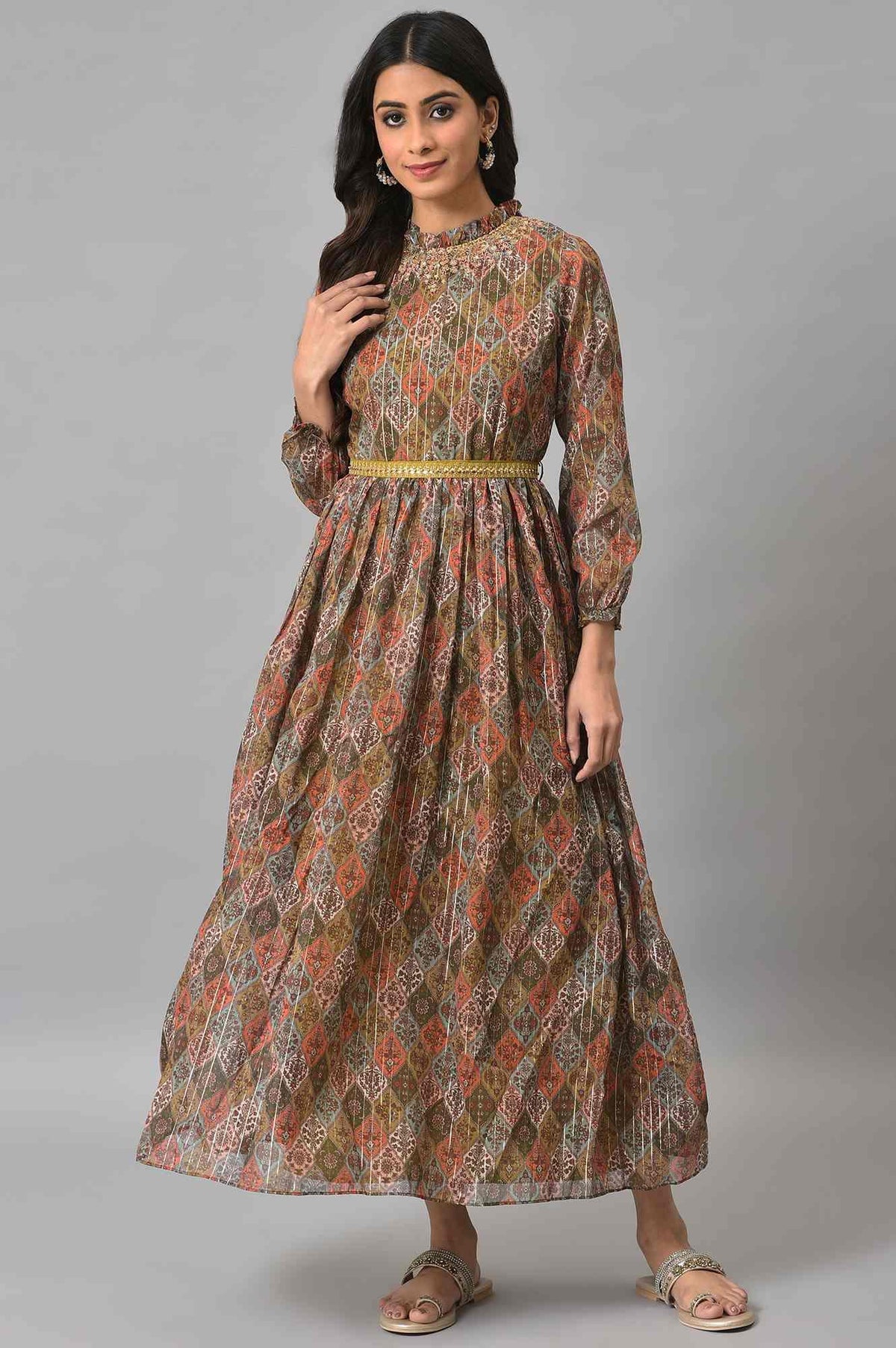 Dark Yellow Cotton Victorian-Style Midi Dress - XS