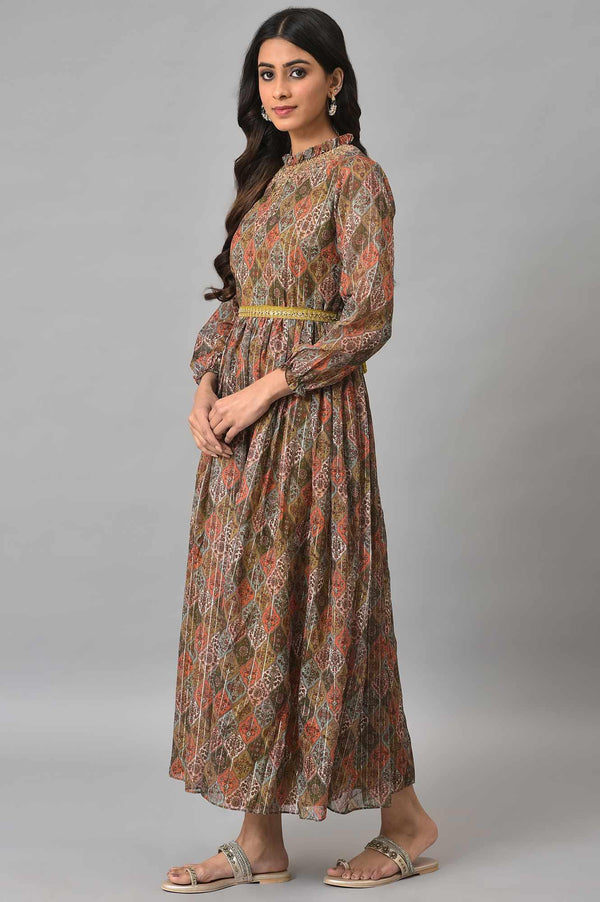 Dark Yellow Cotton Victorian-Style Midi Dress
