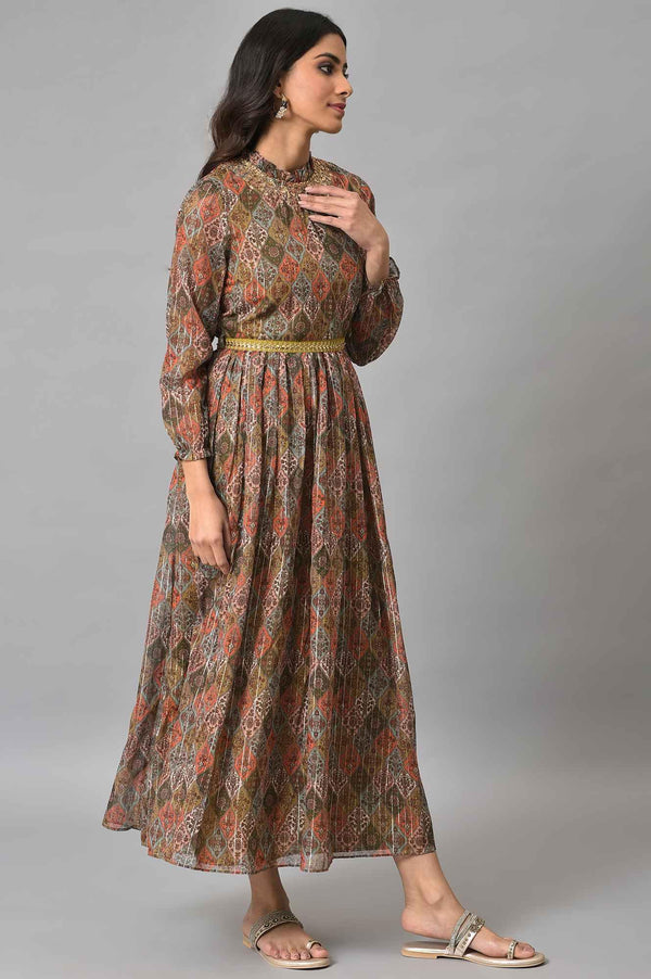 Dark Yellow Cotton Victorian-Style Midi Dress