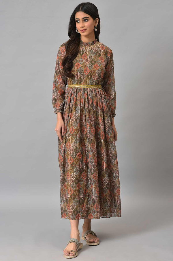 Dark Yellow Cotton Victorian-Style Midi Dress