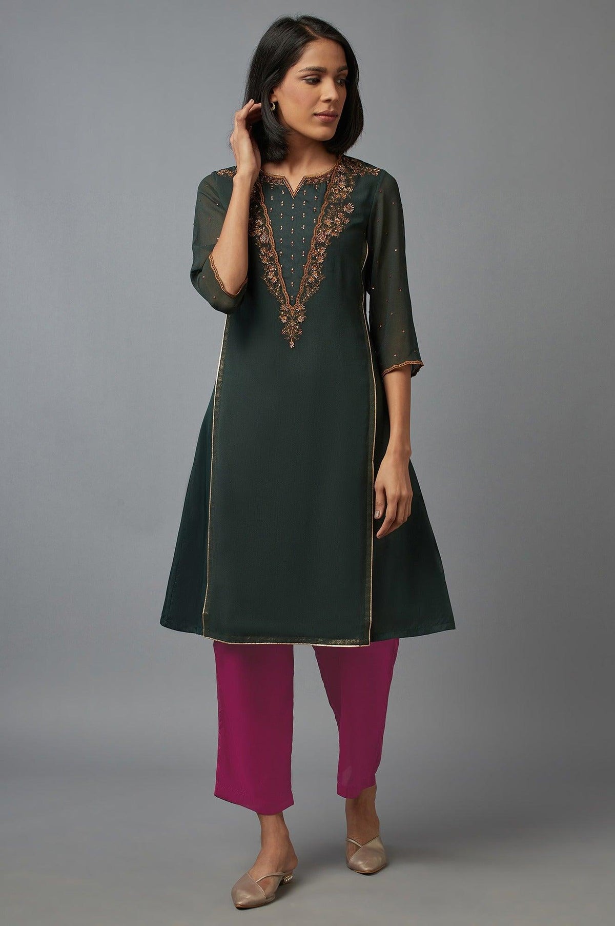 Bottle Green Cotton Mock-Layer Straight Kurta - XS