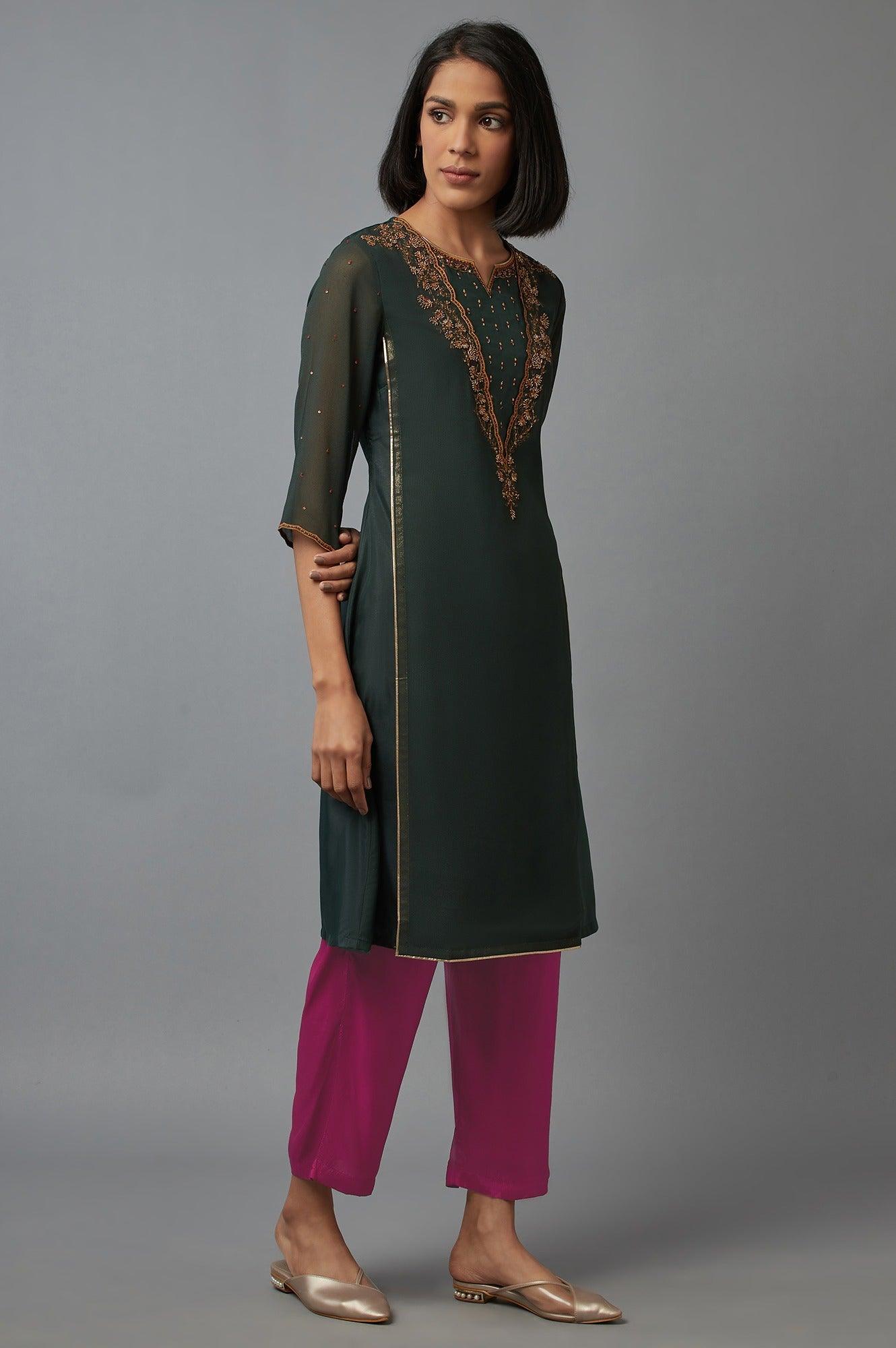 Bottle Green Mock Layer kurta - wforwoman