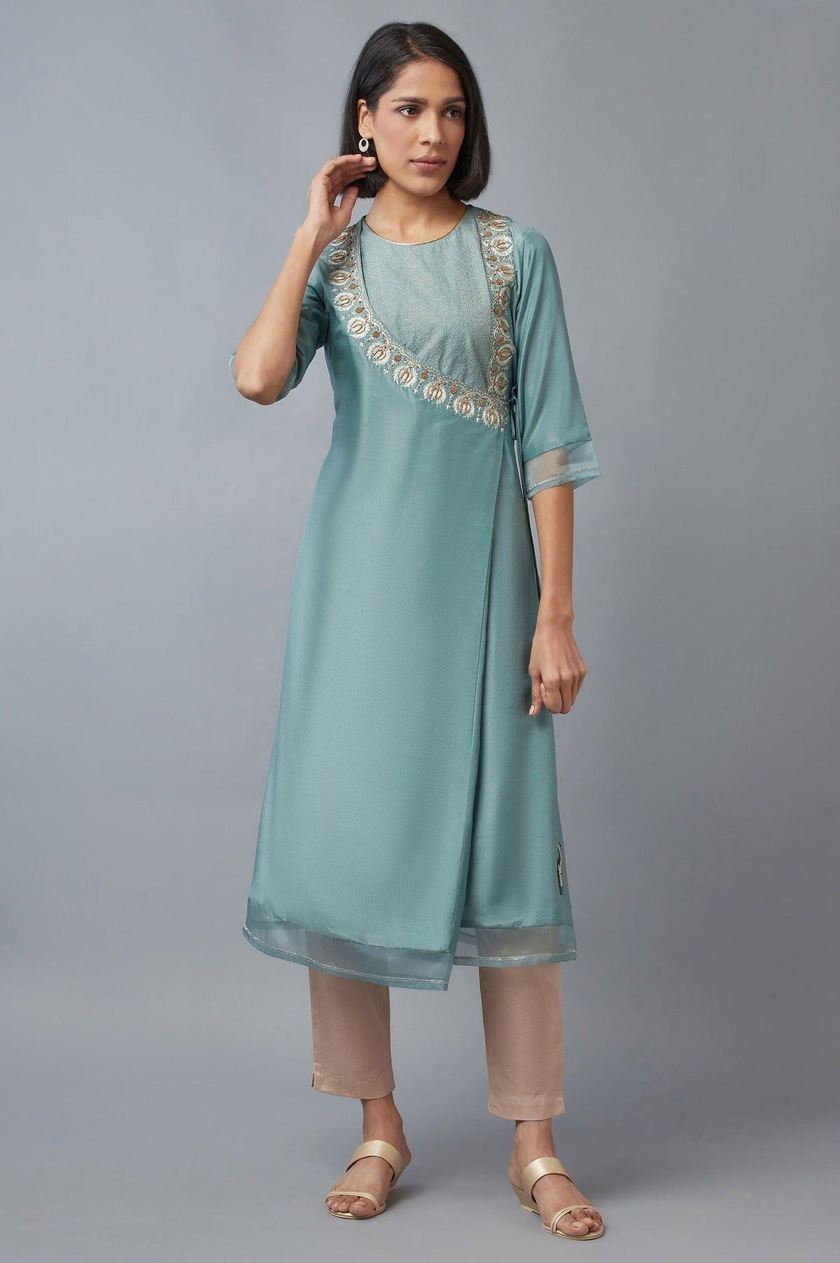 Sea Green Cotton Angrakha Kurta for Women - 6