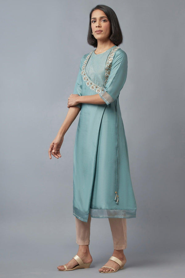 Sea Green Cotton Angrakha Kurta for Women