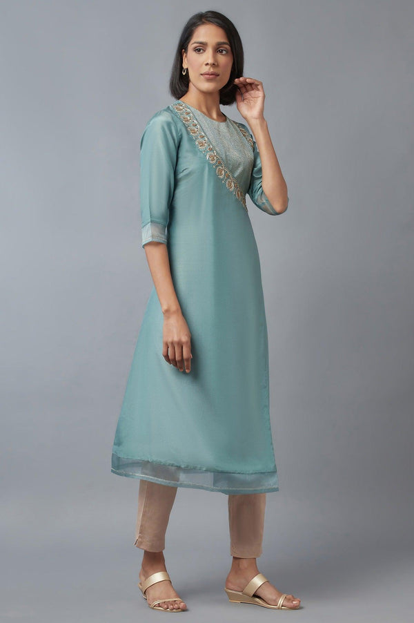 Sea Green Cotton Angrakha Kurta for Women