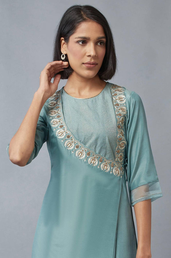Sea Green Cotton Angrakha Kurta for Women