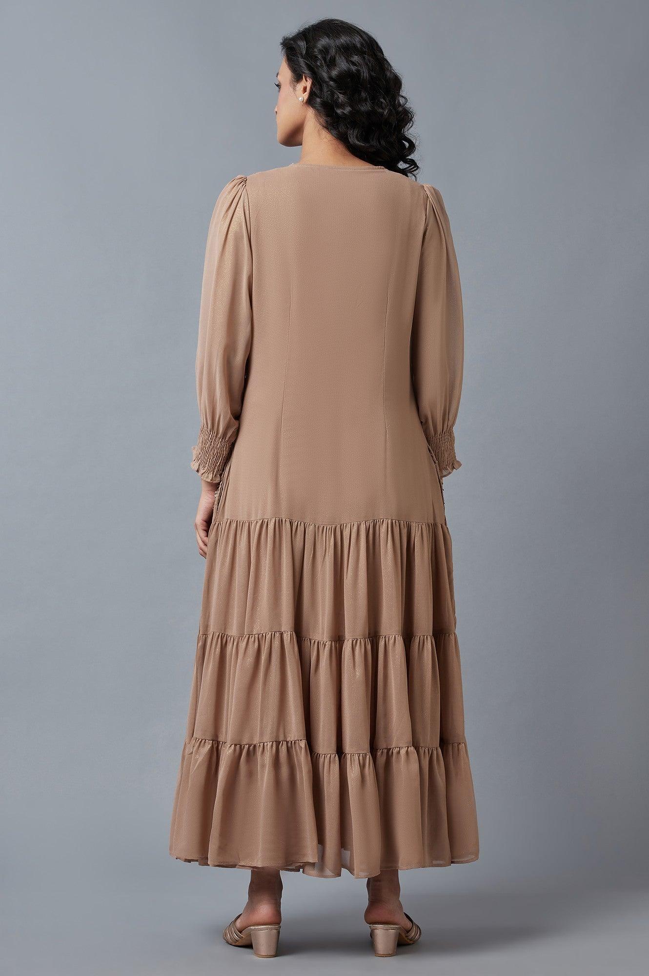 Pink Tiered Round Neck Dress With Metallic Embroidery - wforwoman