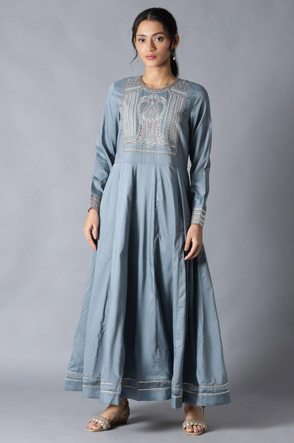 Blue Flared Round Neck Mughal Gown With Embroidery - wforwoman