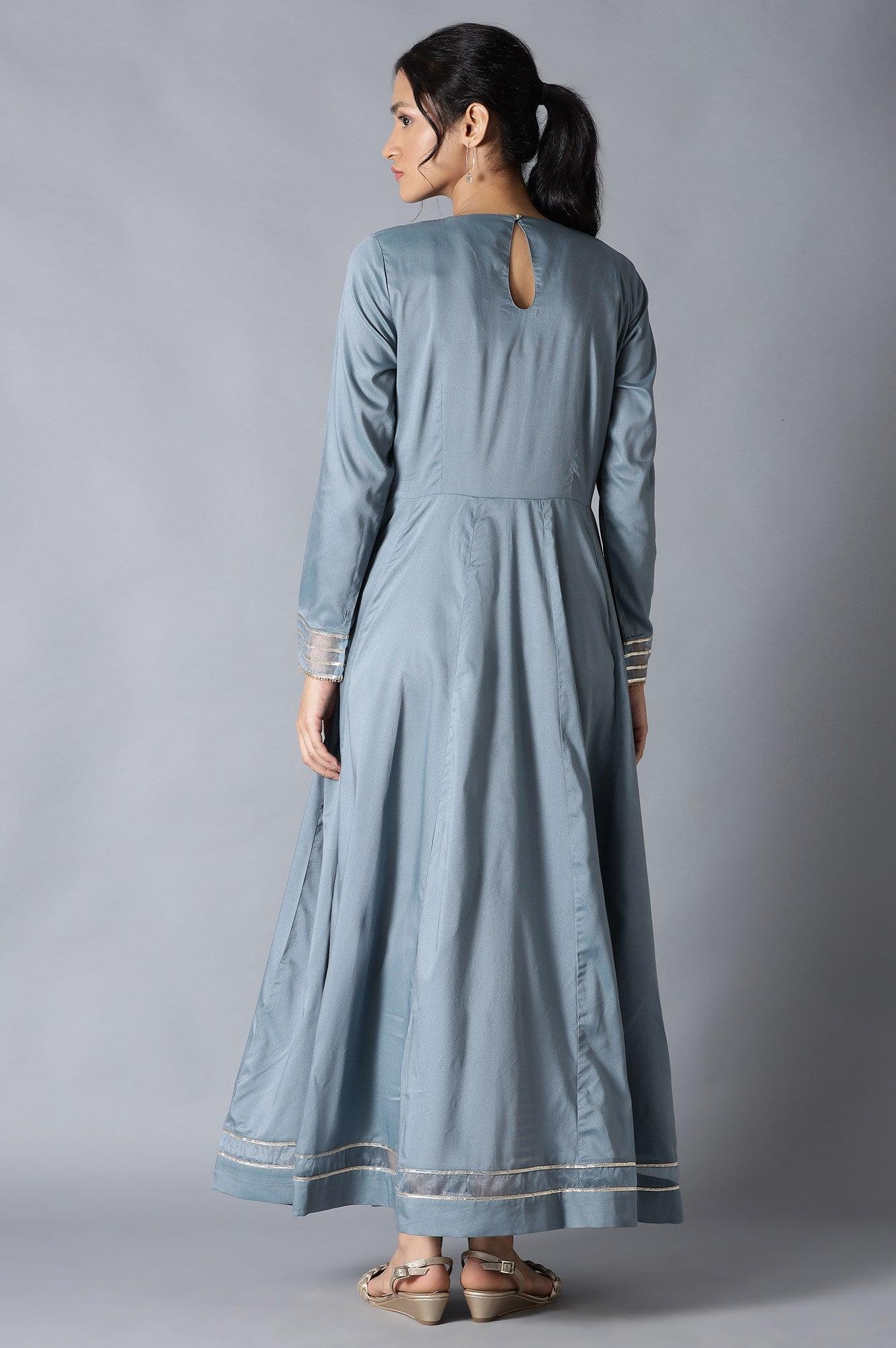 Blue Flared Round Neck Mughal Gown With Embroidery - wforwoman