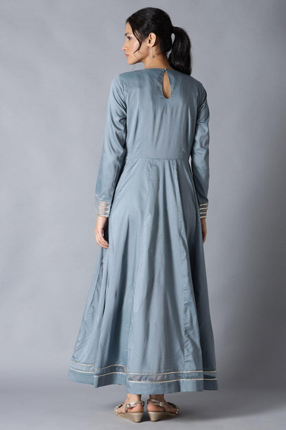 Blue Flared Round Neck Mughal Gown With Embroidery - wforwoman