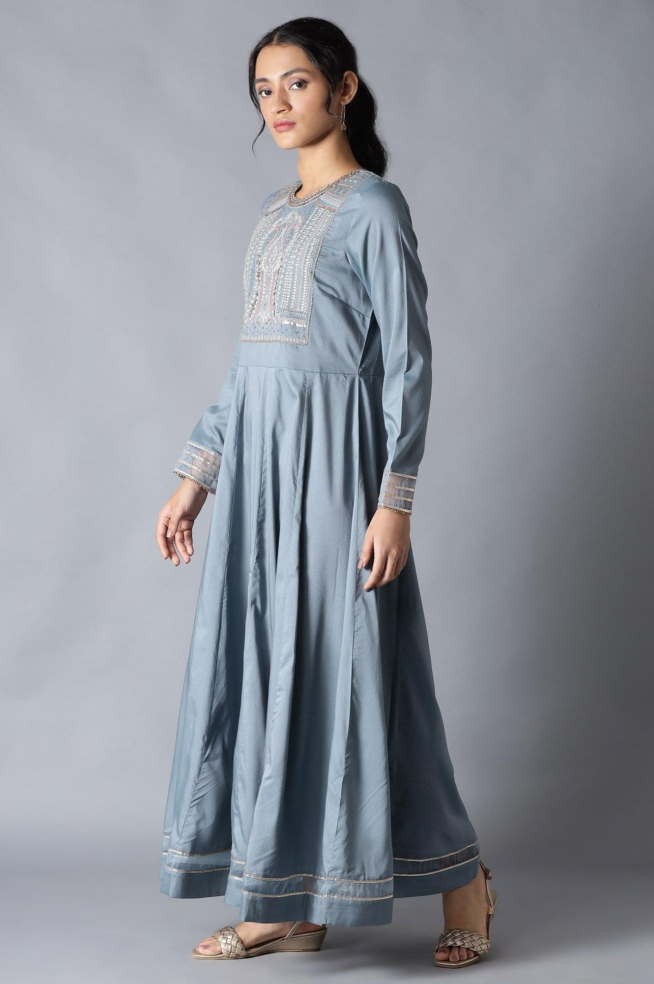 Blue Flared Round Neck Mughal Gown With Embroidery - wforwoman