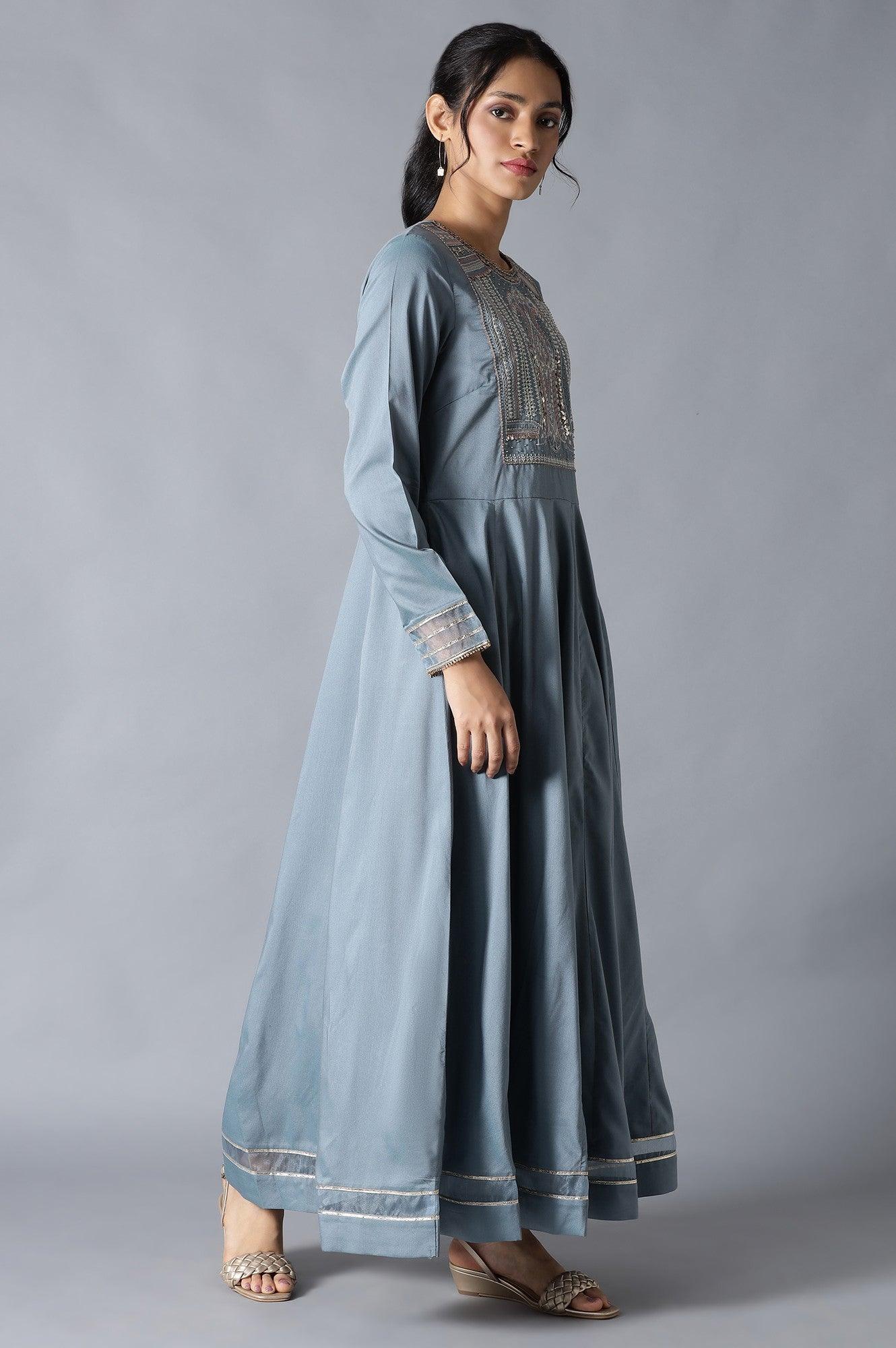 Blue Flared Round Neck Mughal Gown With Embroidery - wforwoman