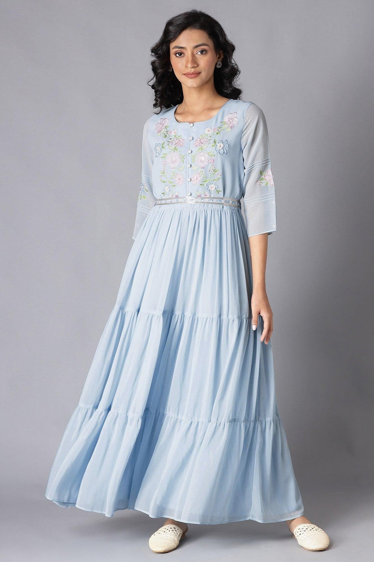 Blue Tiered Embroidered Dress With Belt - 6