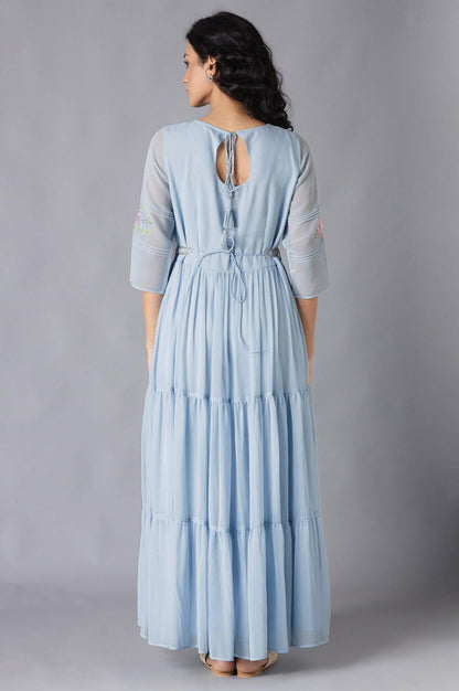 Blue Tiered Embroidered Dress With Belt - wforwoman