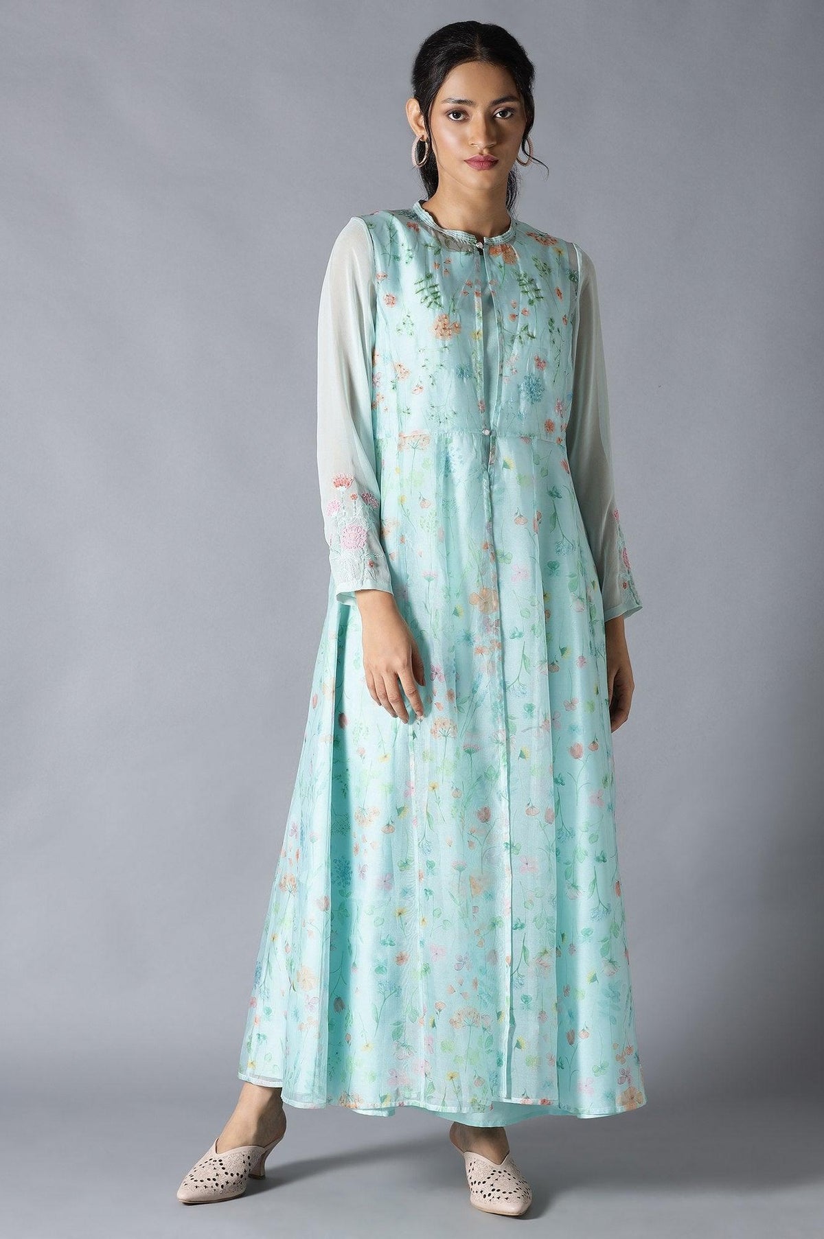 Light Green Floral Organza Dress With Inner - 6