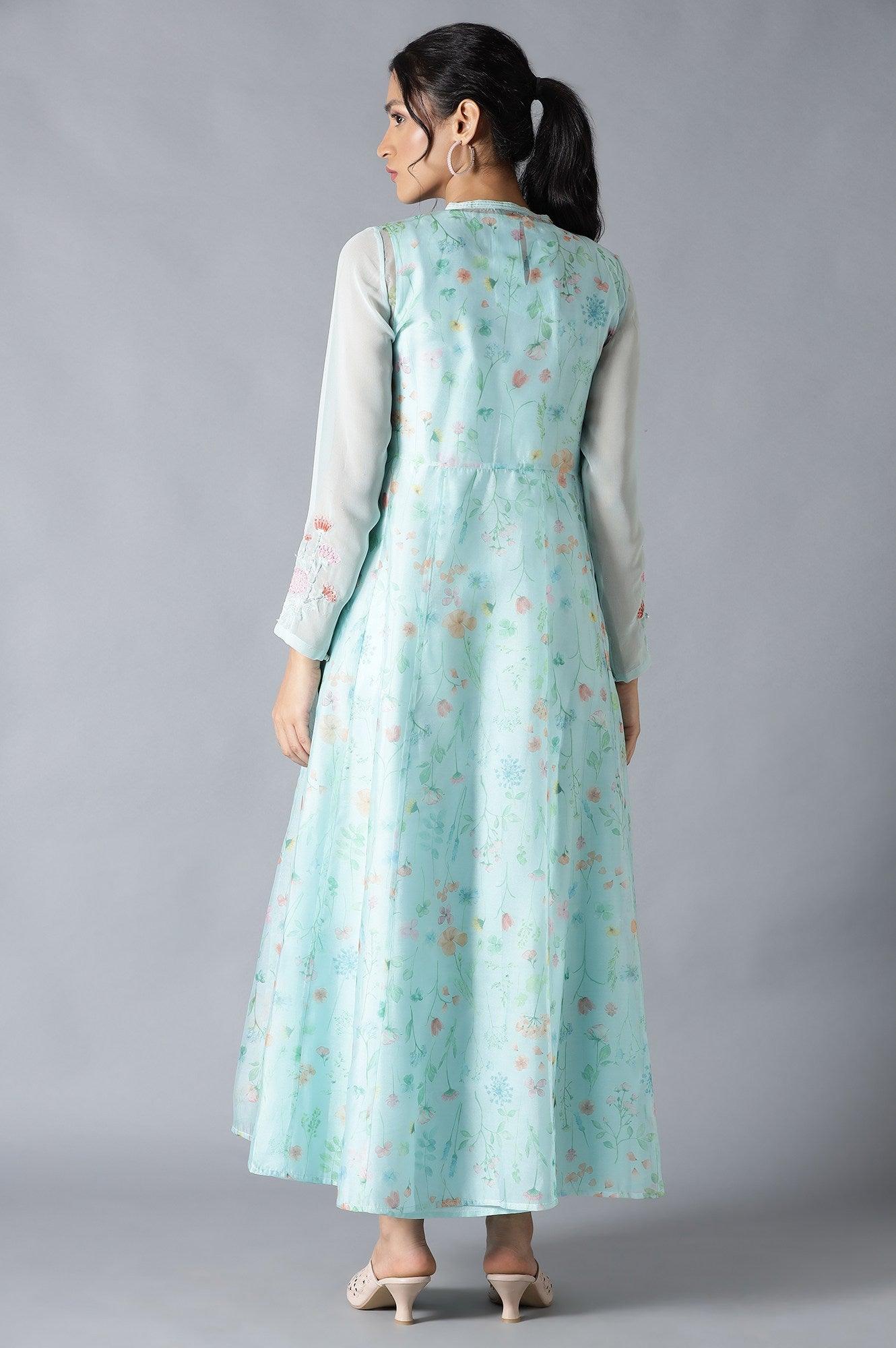 Light Green Floral Organza Dress With Inner - wforwoman