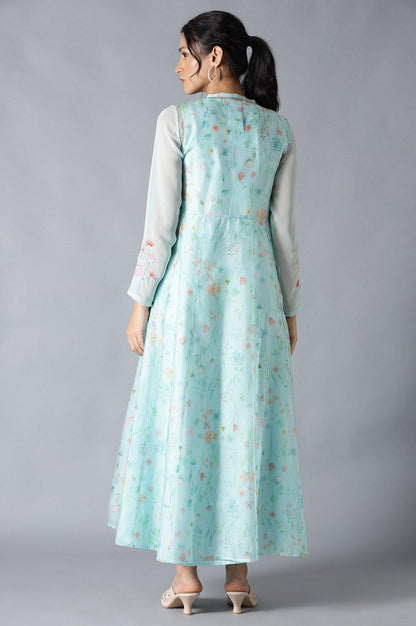Light Green Floral Organza Dress With Inner - wforwoman