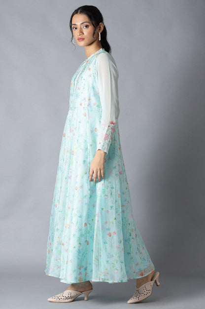 Light Green Floral Organza Dress With Inner - wforwoman