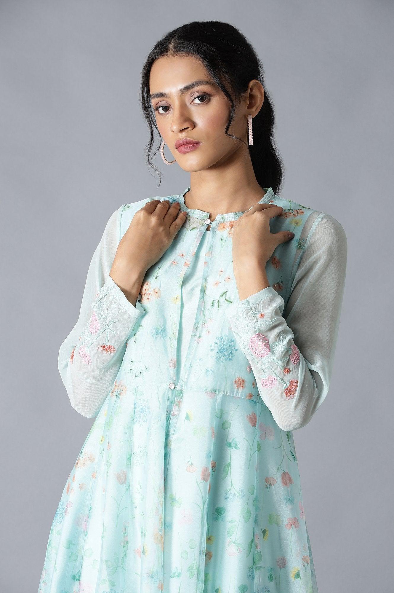 Light Green Floral Organza Dress With Inner - wforwoman