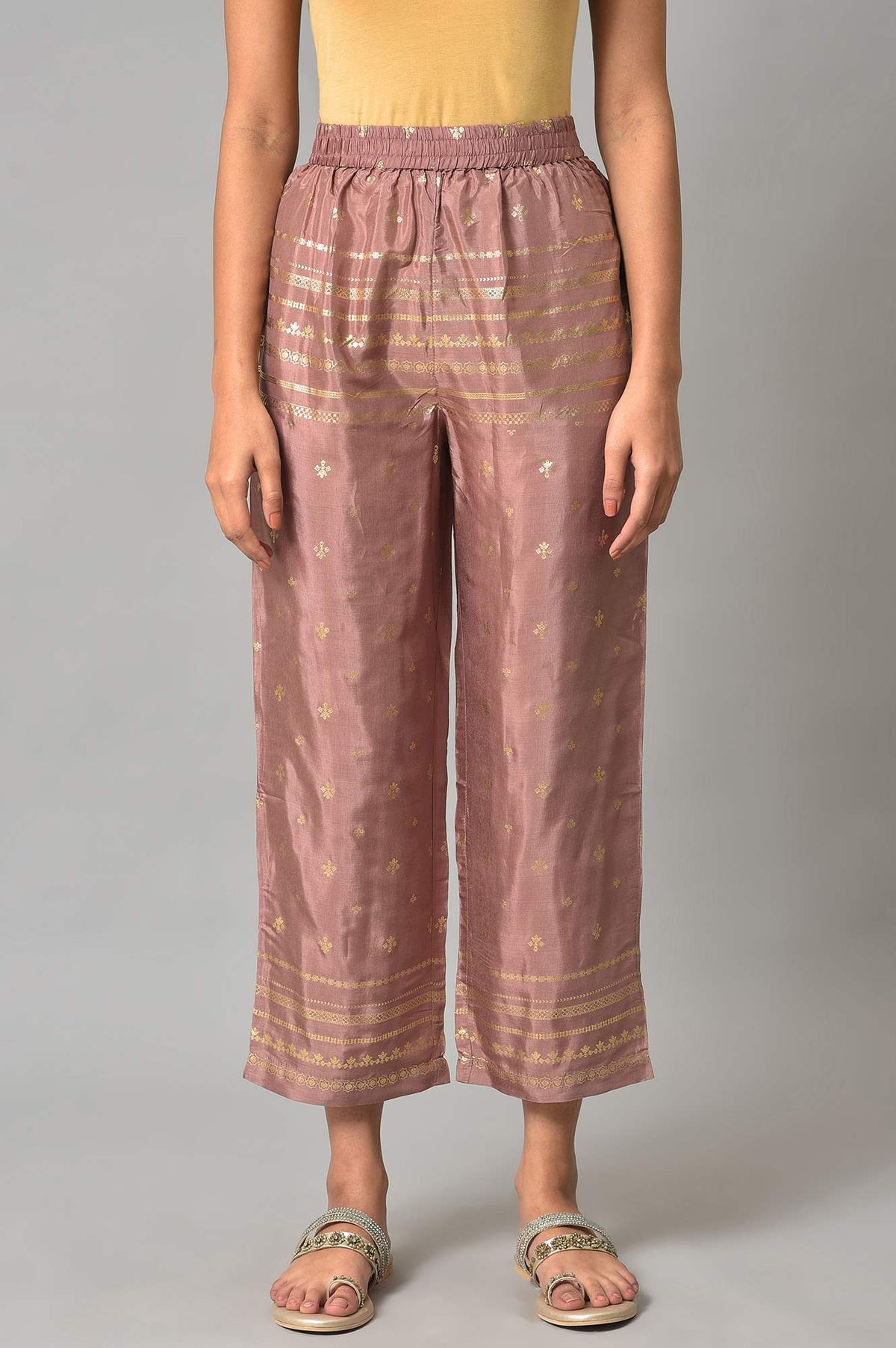 Onion Pink Printed Shantung Slim Pants - XS