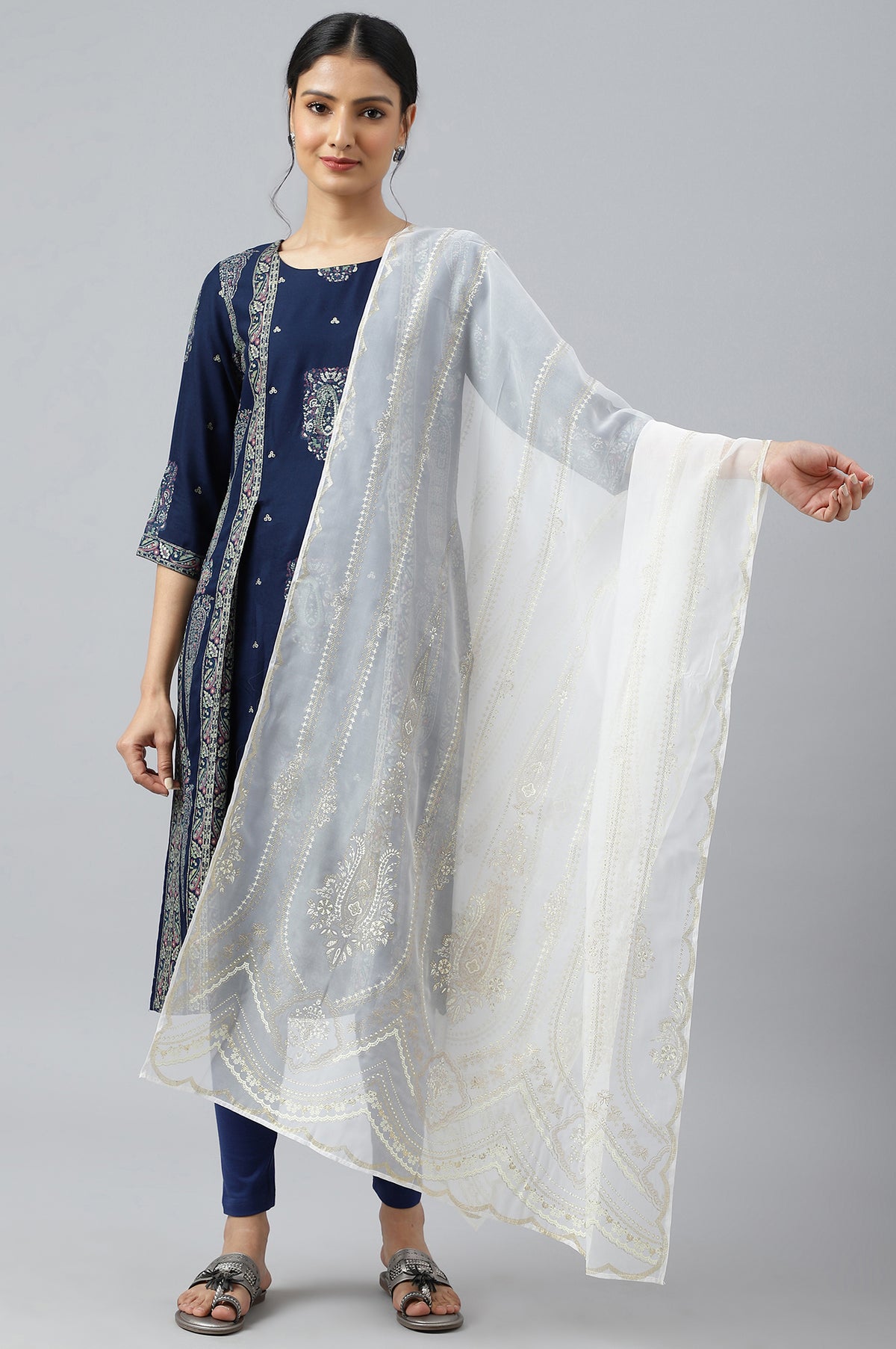 Grey Ethnic Organza Dupatta - FS