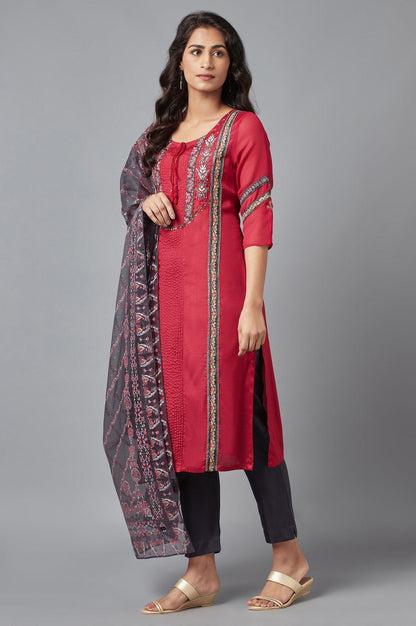 Red Printed kurta, Grey Slim Pants and Dupatta Set - wforwoman