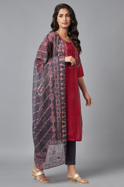 Red Printed kurta, Grey Slim Pants and Dupatta Set - wforwoman
