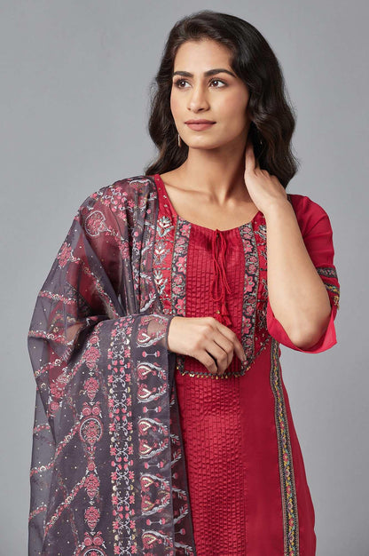 Red Printed kurta, Grey Slim Pants and Dupatta Set - wforwoman