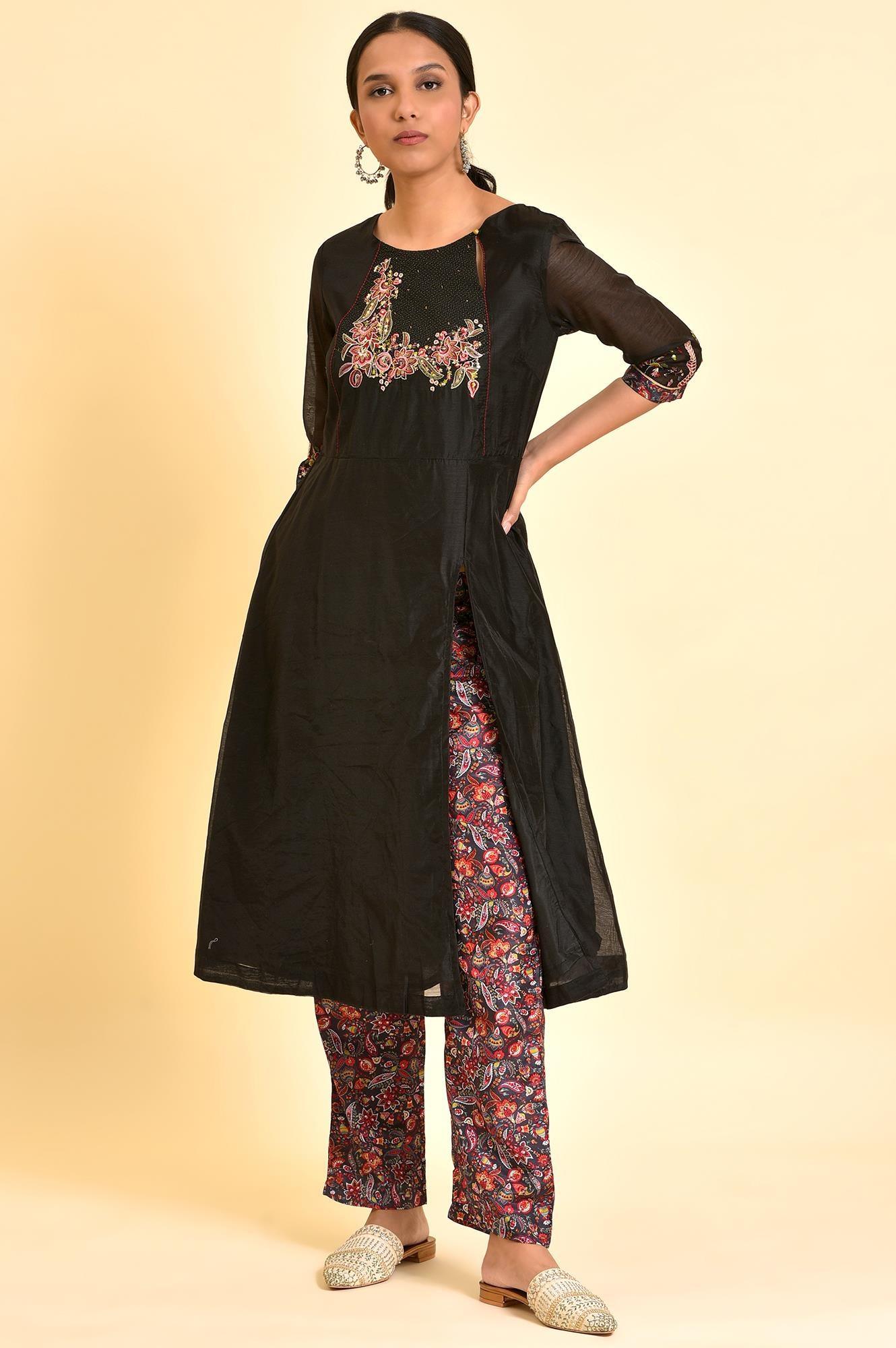 Black Chanderi kurta And Slim Pant Set - wforwoman