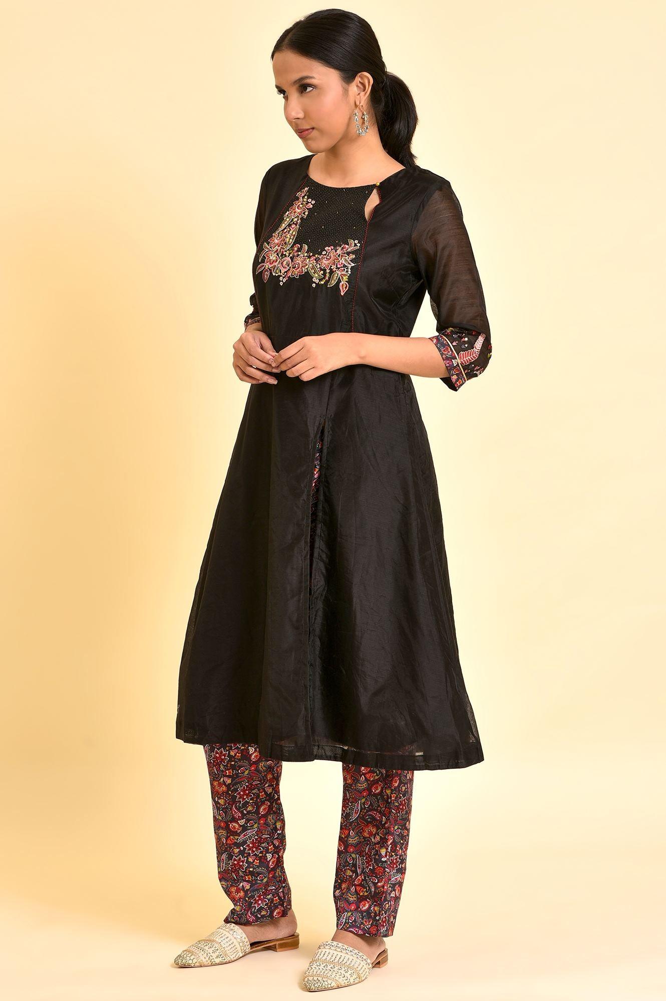 Black Chanderi kurta And Slim Pant Set - wforwoman