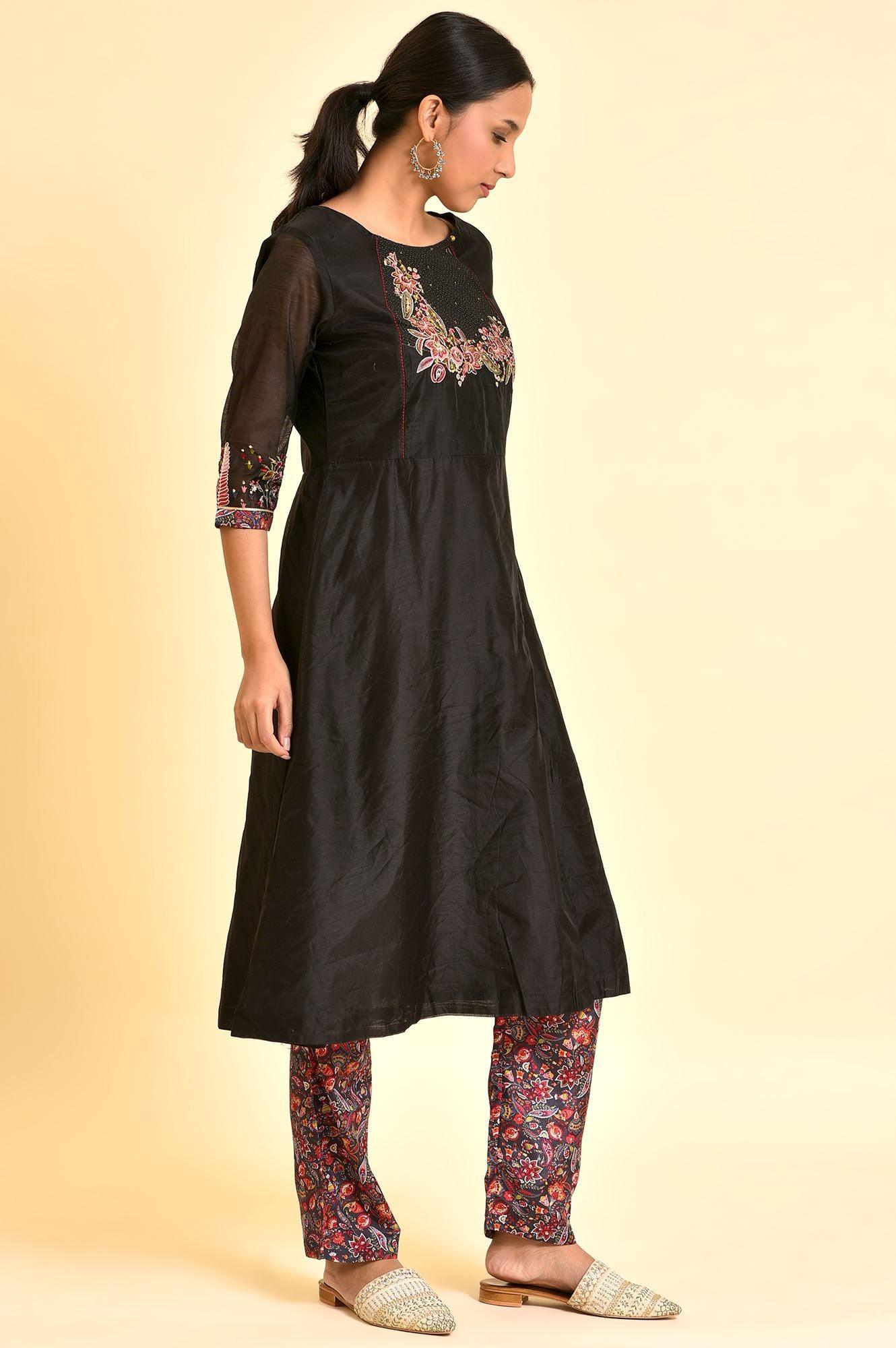 Black Chanderi kurta And Slim Pant Set - wforwoman