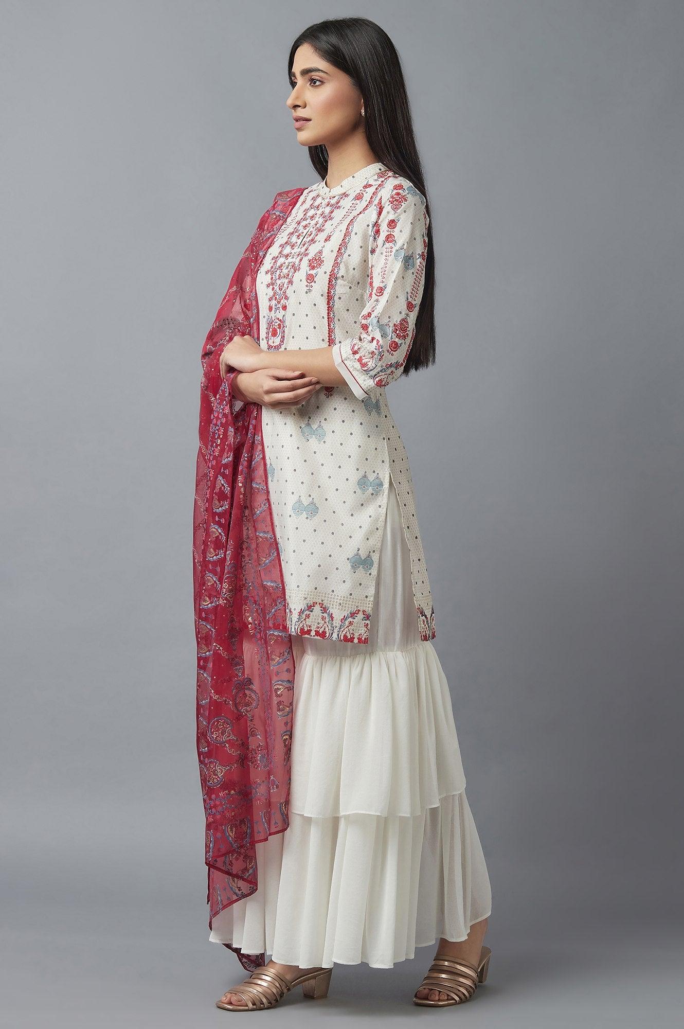 Ecru kurta, Sharara and Dupatta Set - wforwoman