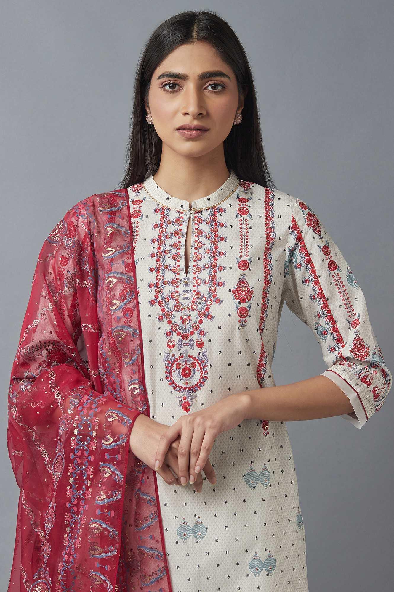 Ecru kurta, Sharara and Dupatta Set - wforwoman