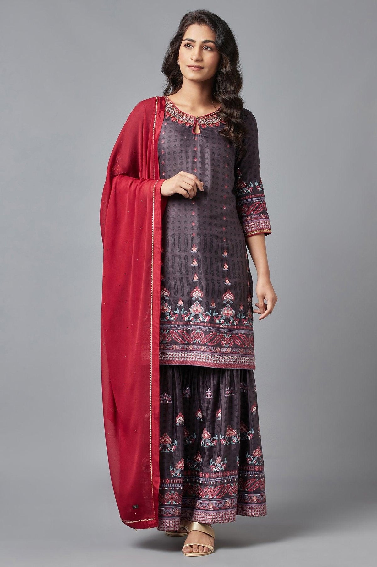 Dark Grey kurta, Sharara and Dupatta Set - 6