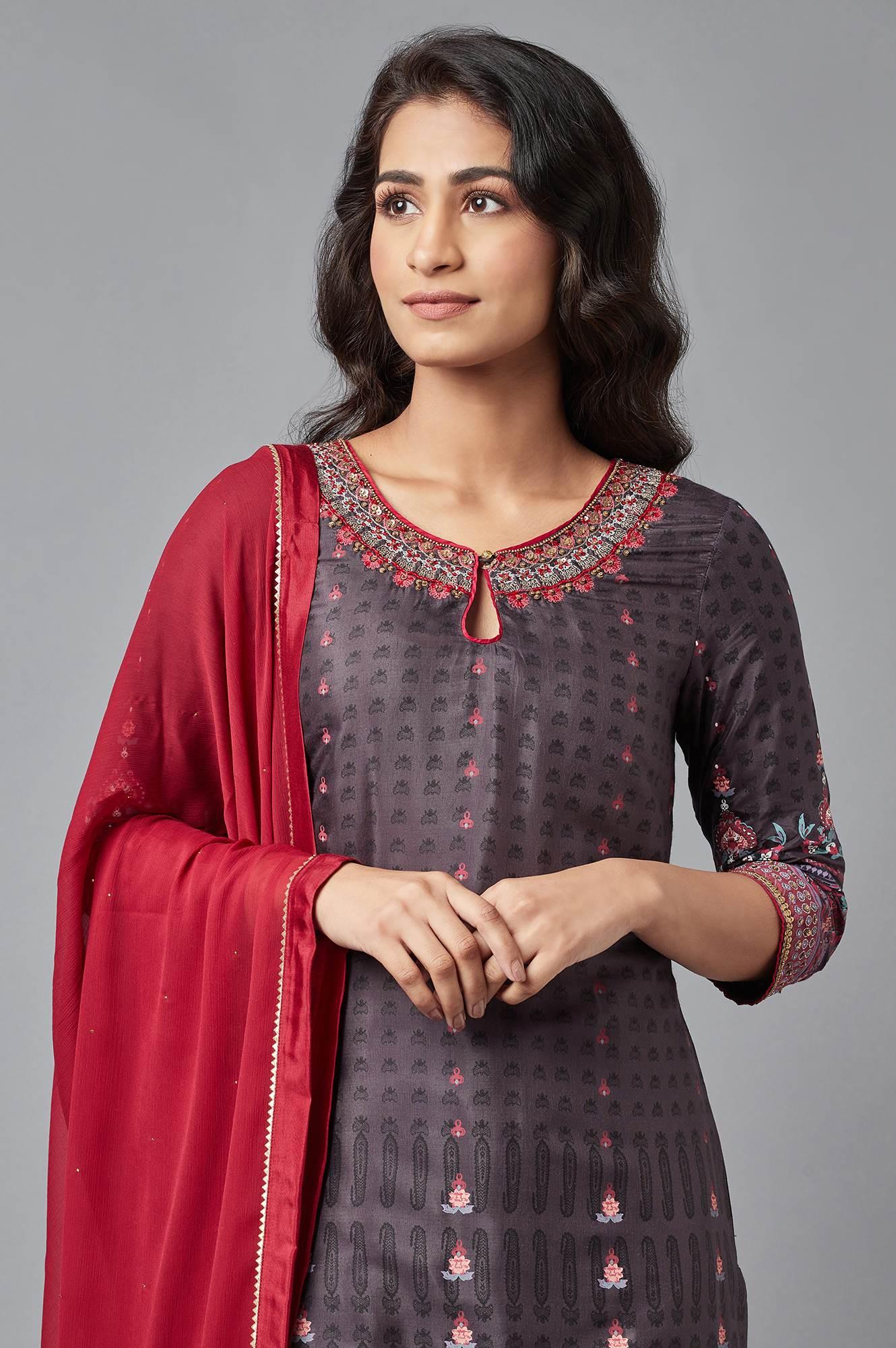 Dark Grey kurta, Sharara and Dupatta Set - wforwoman