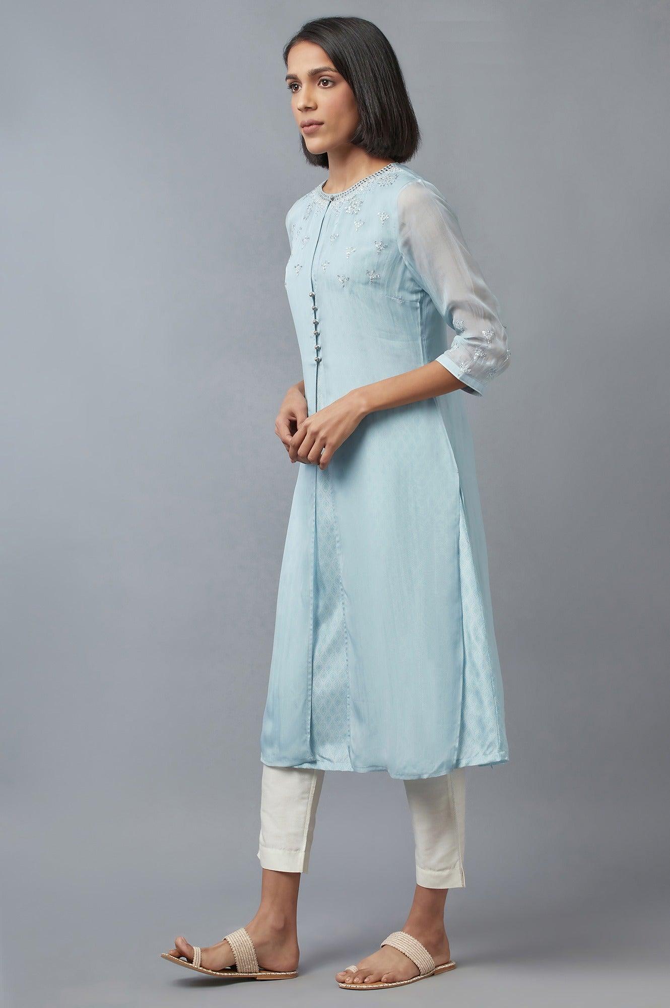 Blue Embroidered Gillet, kurta &amp; Pants Set - wforwoman