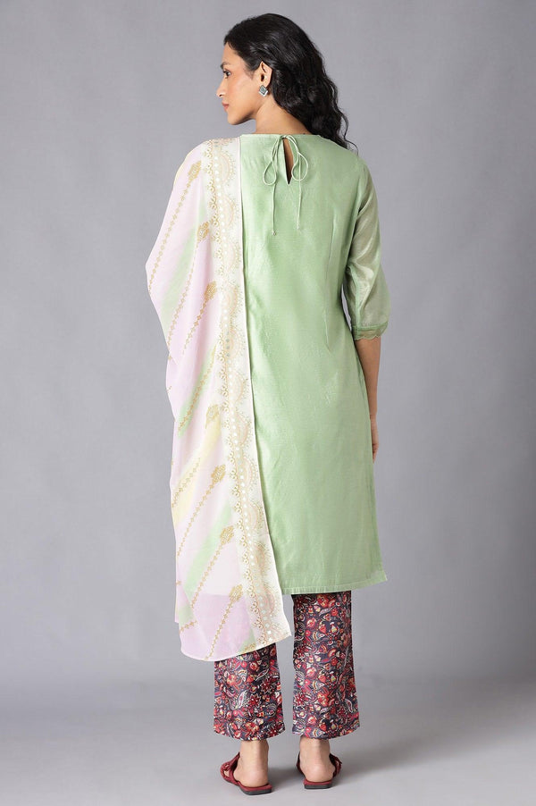 Green Chanderi kurta, Slim Pants And Dupatta Set