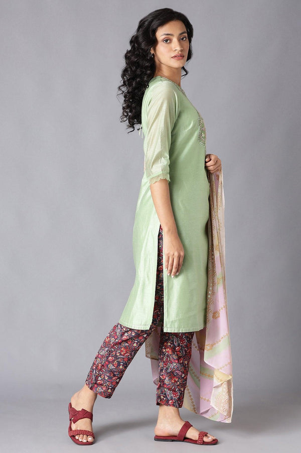 Green Chanderi kurta, Slim Pants And Dupatta Set