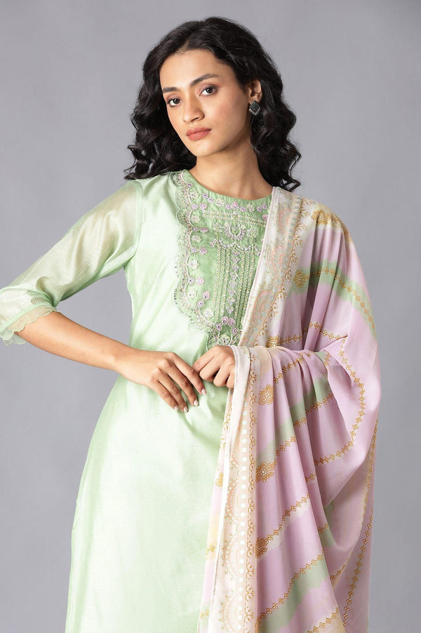 Green Chanderi kurta, Slim Pants And Dupatta Set