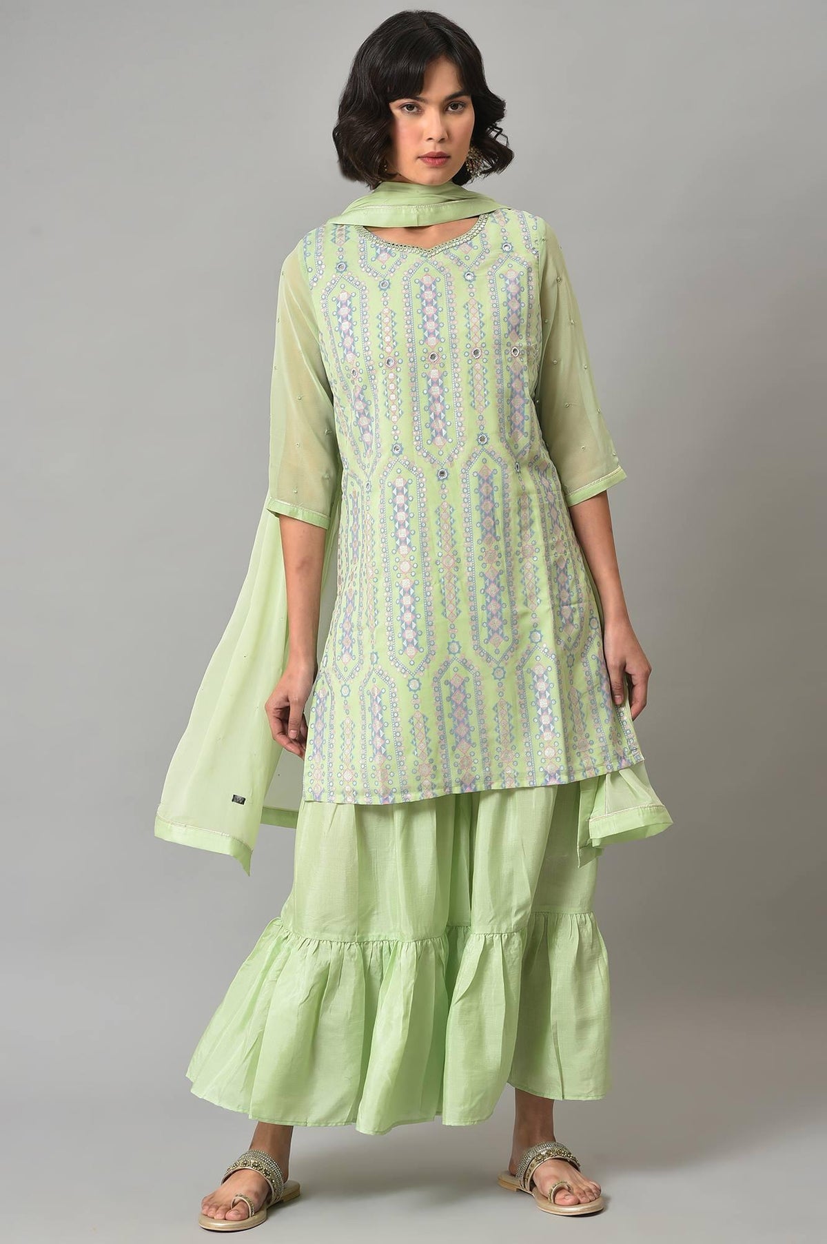 Green Printed kurta, Sharara And Dupatta Set - XS