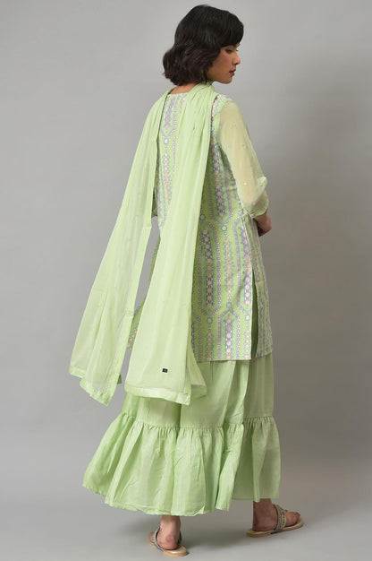 Green Printed kurta, Sharara And Dupatta Set - wforwoman