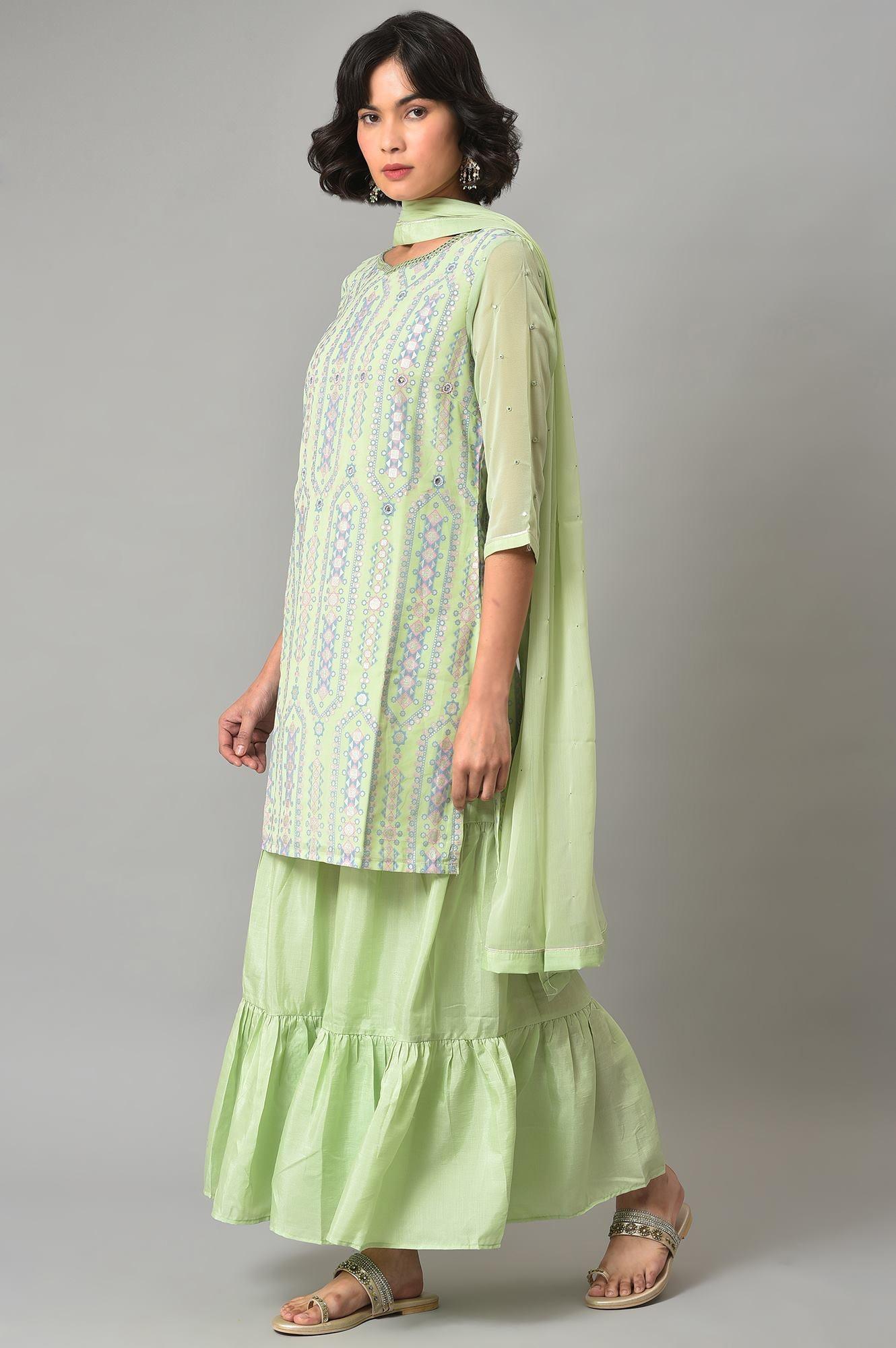 Green Printed kurta, Sharara And Dupatta Set - wforwoman